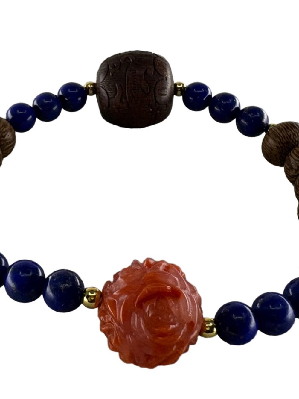ChenXiang/Agarwood, HandCarved Red Agate Rose, Lapis Lazuli Bracelet 13.12g 6.5"